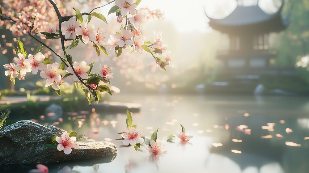 Japanese garden cherry blossom design file showing delicate pink sakura blooms against misty dawn background