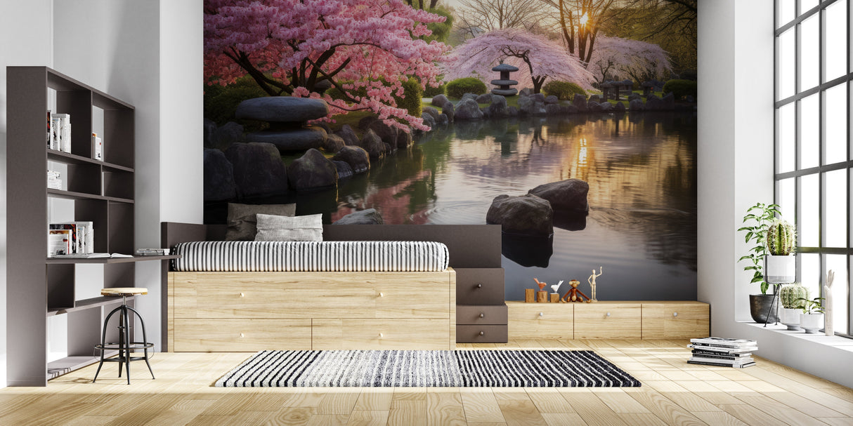 Japanese garden wallpaper transforming dining room with sunset glow and cherry blossoms
