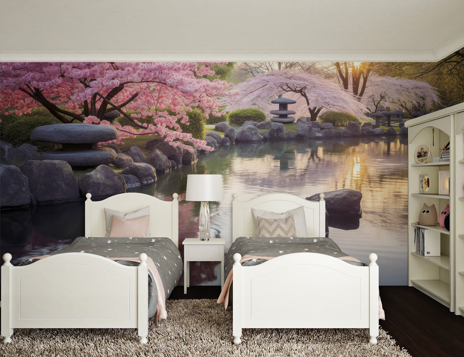 Sakura wallpaper mural in bedroom setting, creating peaceful Asian garden atmosphere