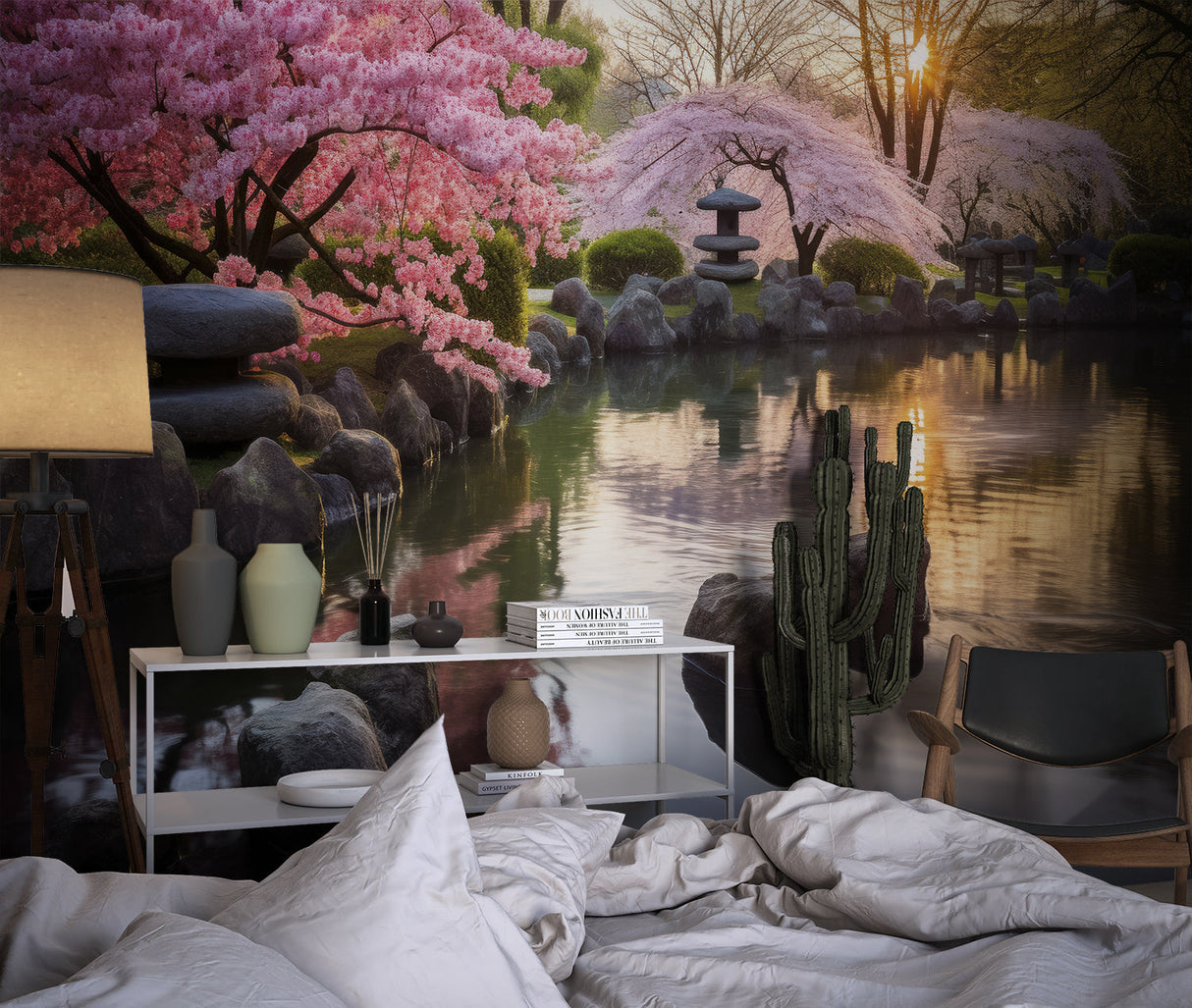 Japanese garden mural in meditation room showing scale and depth