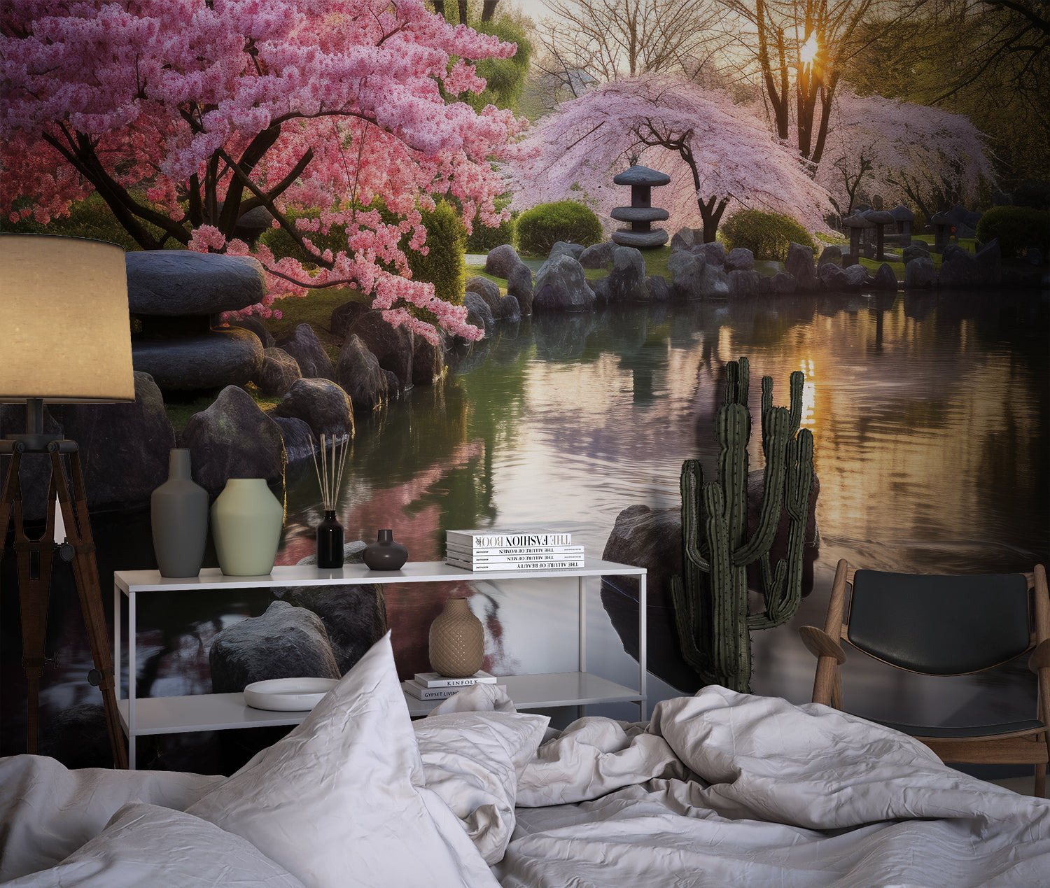 Japanese garden mural in meditation room showing scale and depth