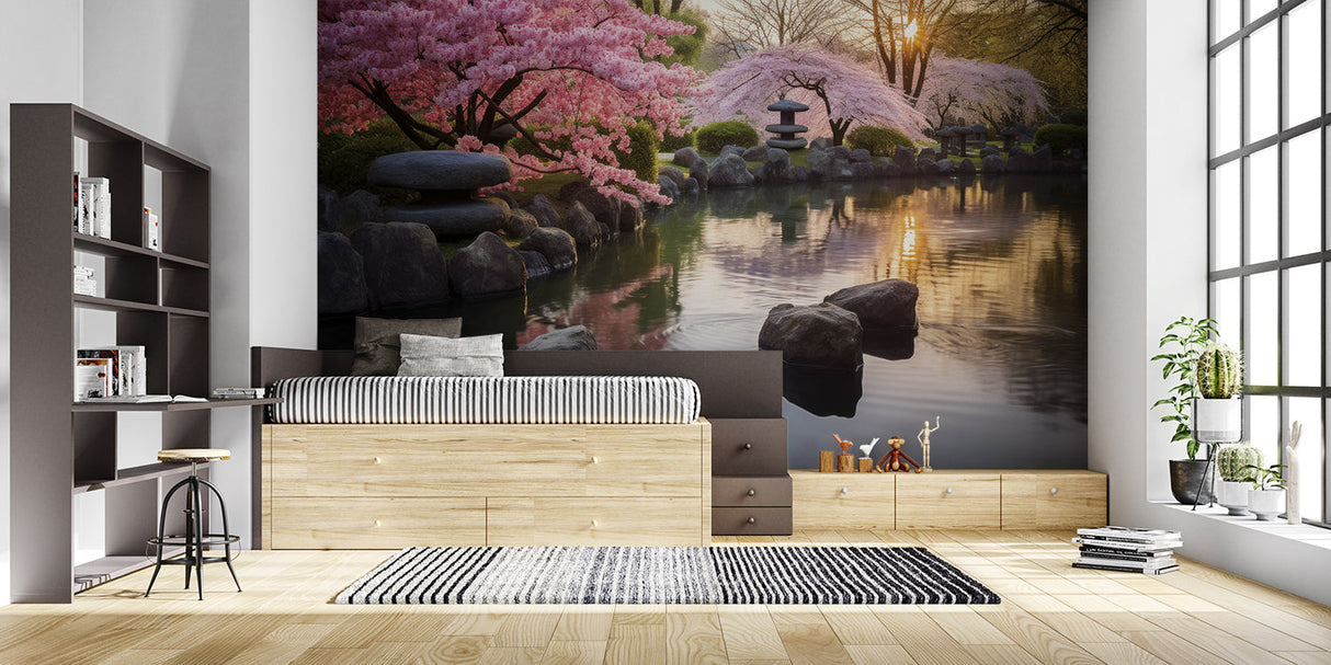 Cherry blossom wallpaper creating zen atmosphere in yoga studio