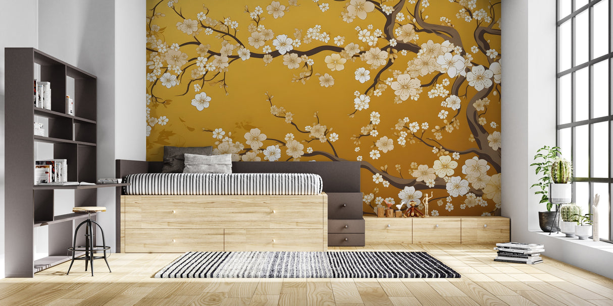 Cherry blossom wallpaper with gold accents in modern living room creating zen atmosphere