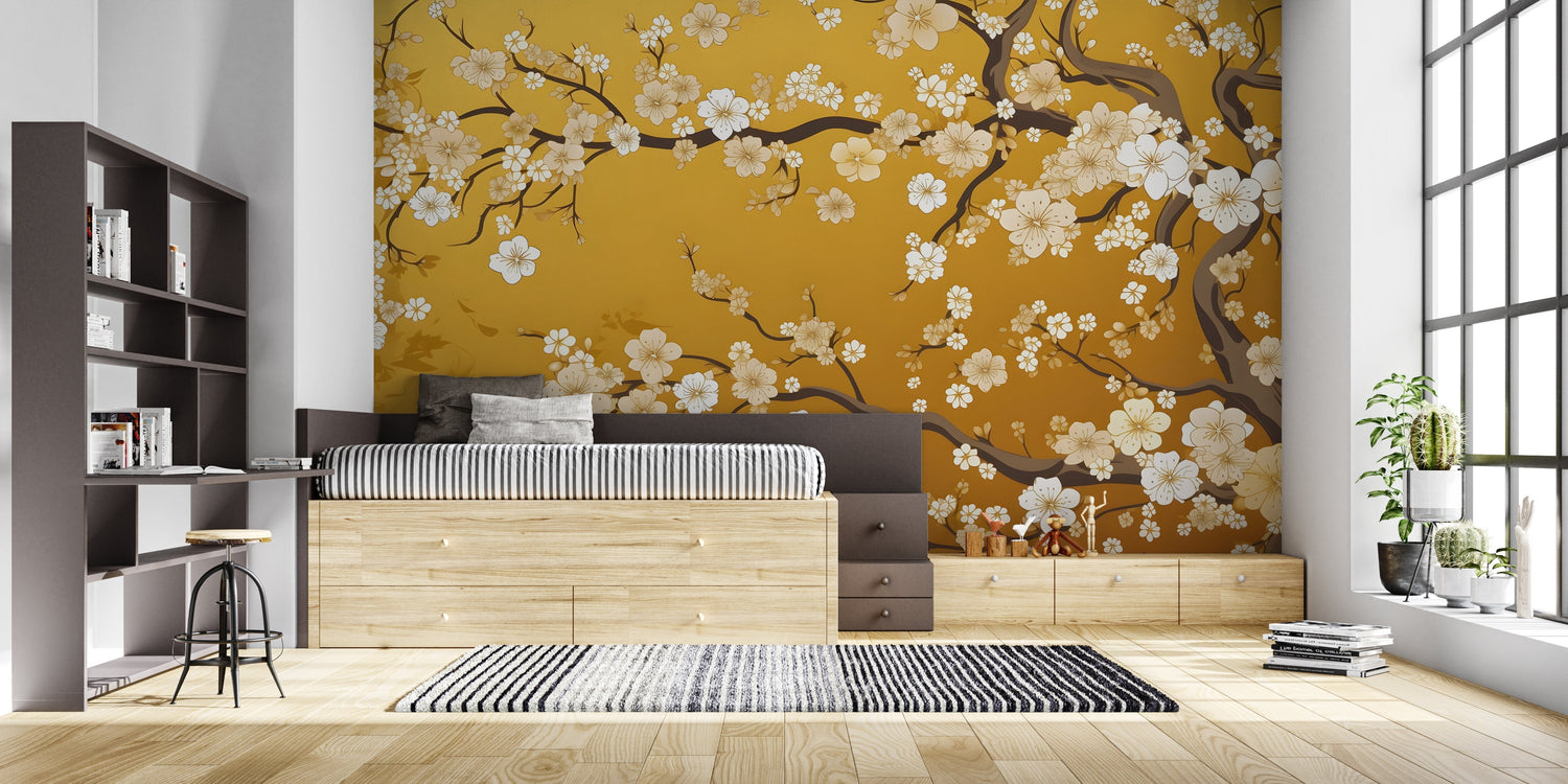 Cherry blossom wallpaper with gold accents in modern living room creating zen atmosphere