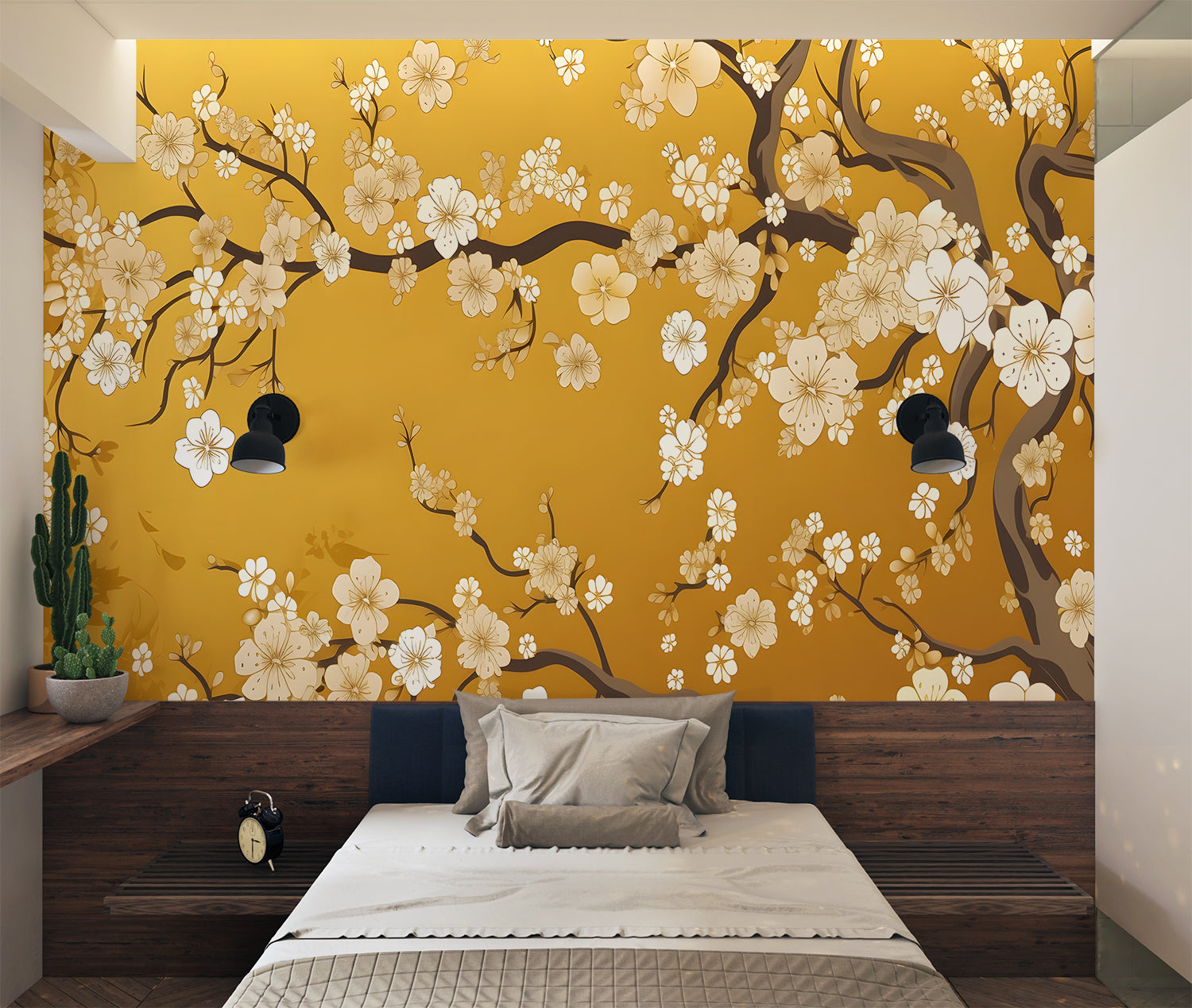 Japanese sakura wallpaper transforming dining room with elegant golden glow