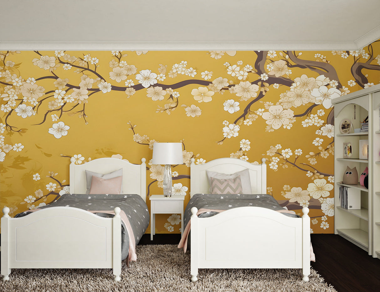 Oriental cherry blossom mural making bedroom feel peaceful and luxurious