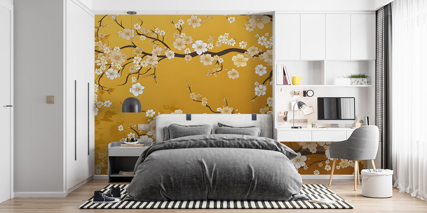 Gold and white cherry blossom wallpaper brightening home office space