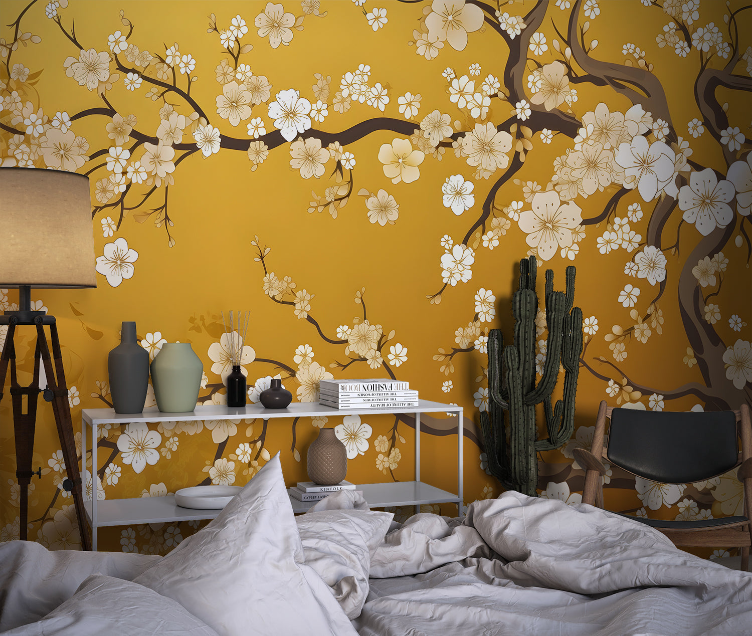 Japanese floral wallpaper adding zen touch to meditation room