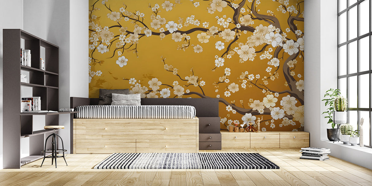 Sakura wallpaper creating calm atmosphere in master bedroom suite