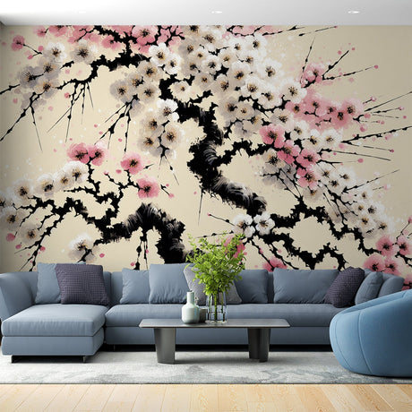 Japanese Cherry Blossom wallpaper mural creating a serene atmosphere in a modern minimalist bedroom with natural light