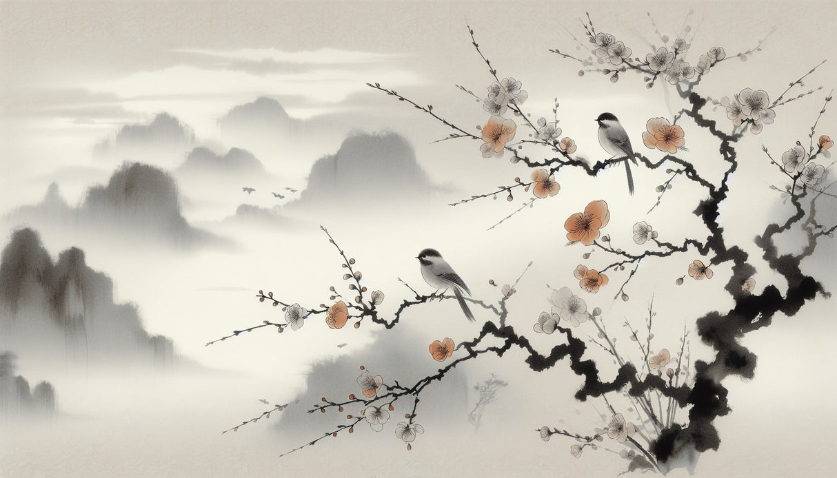 Japanese Cherry Blossom wall mural creating a peaceful atmosphere in a modern living room with minimal furniture
