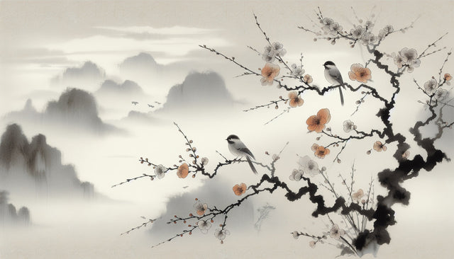 Japanese Cherry Blossom wall mural creating a peaceful atmosphere in a modern living room with minimal furniture