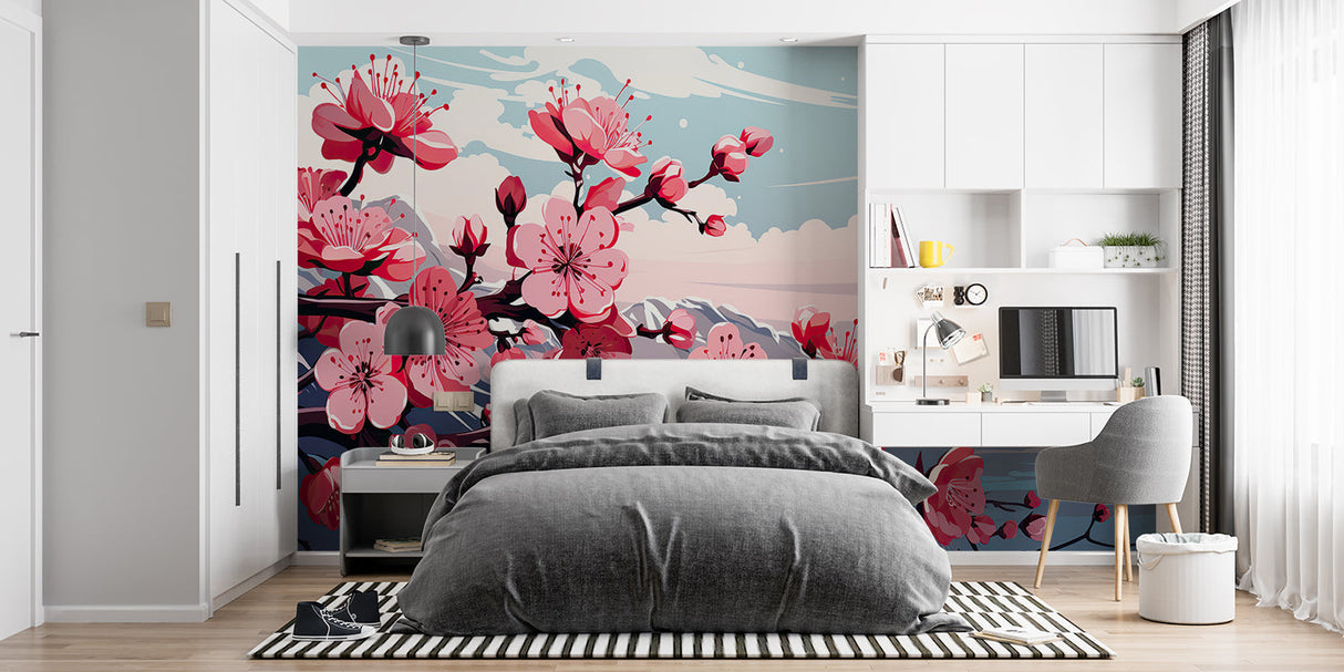 Cherry blossom wallpaper creating a serene atmosphere in a modern living room with mountain lake view
