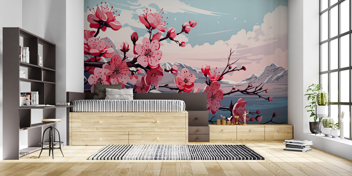 Japanese sakura mural in a bright dining room showing pink petals against mountains
