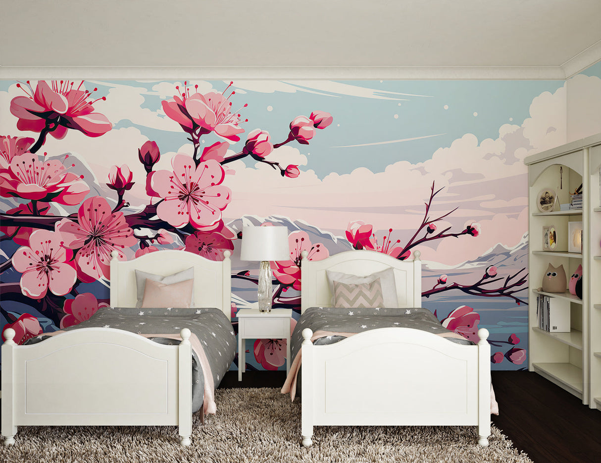 Cherry blossom wall mural bringing spring feel to a minimalist bedroom