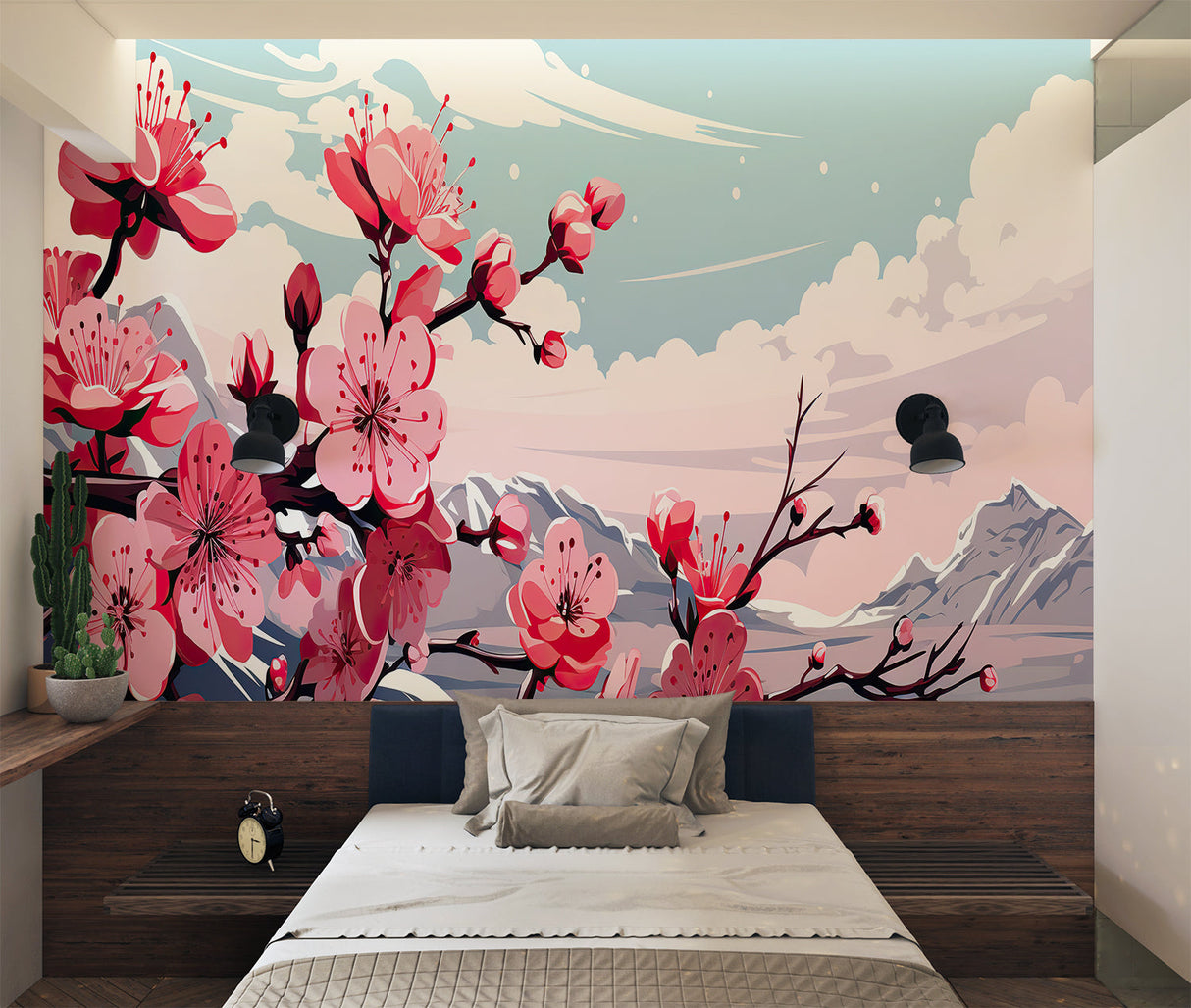 Japanese floral wallpaper transforming a home office with mountain lake scenery