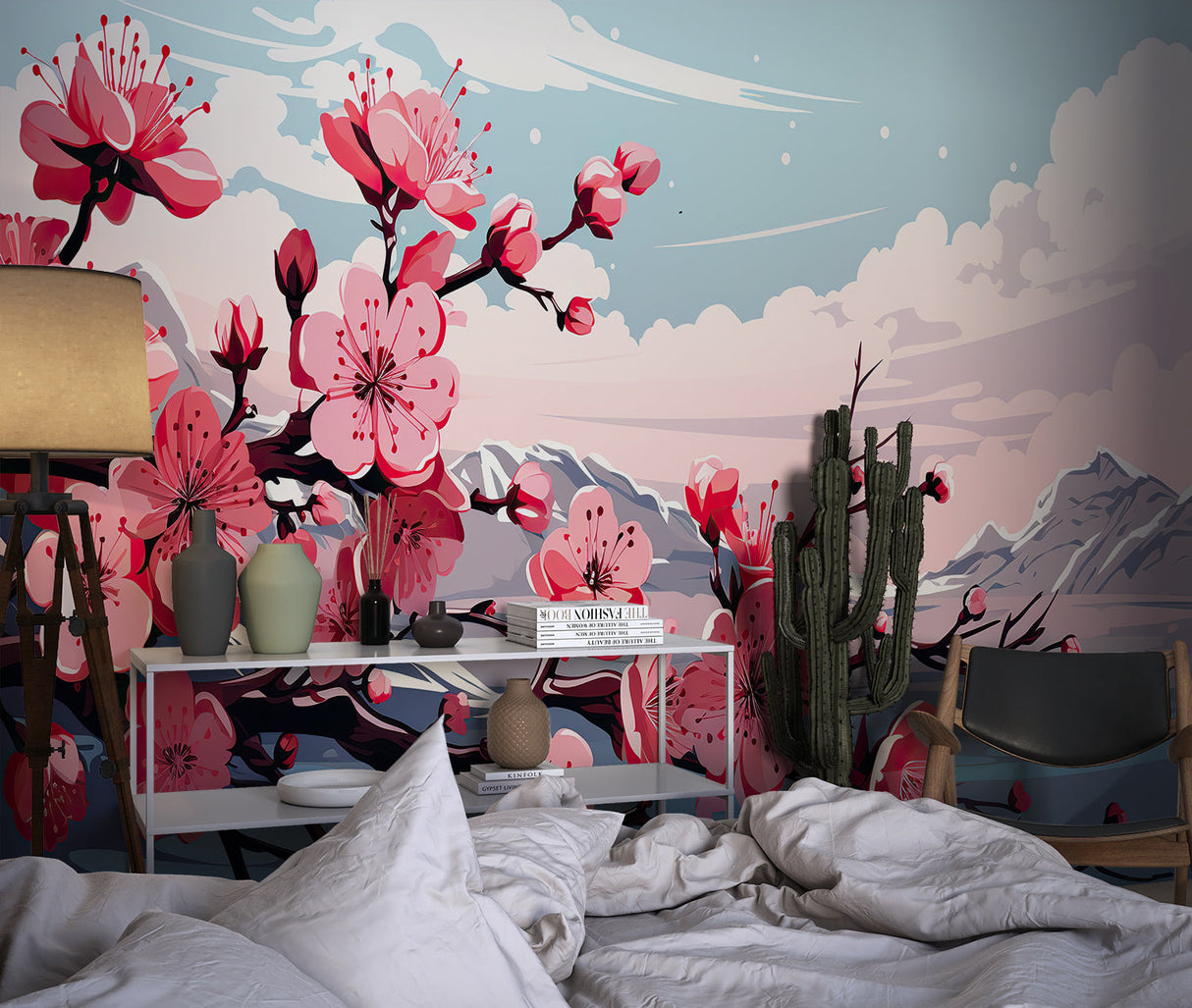 Sakura wallpaper adding depth to meditation room with reflected mountains