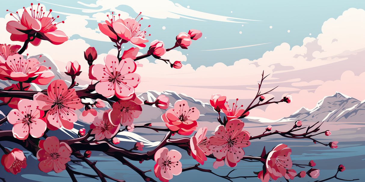 Cherry blossom mountain lake design file showing detailed pink petals and serene waters