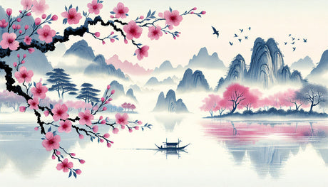 Cherry Blossom Wallpaper design file showing detailed sakura blooms and misty mountain landscape