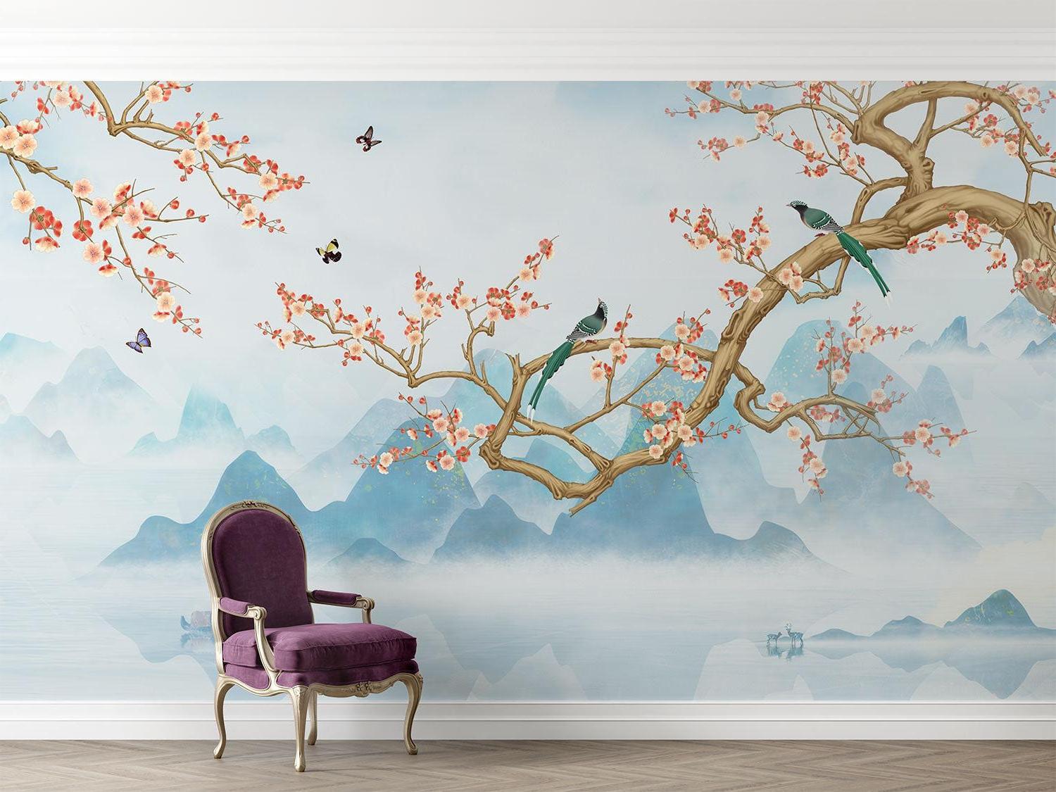 Pink cherry blossom mural adding depth to a dining room space