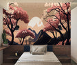 Cherry blossom wallpaper in modern living room showing pink flowers against mountain backdrop