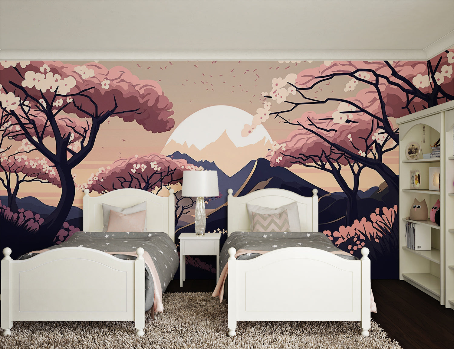 Cherry blossom wall mural brightening dining room with natural scenery