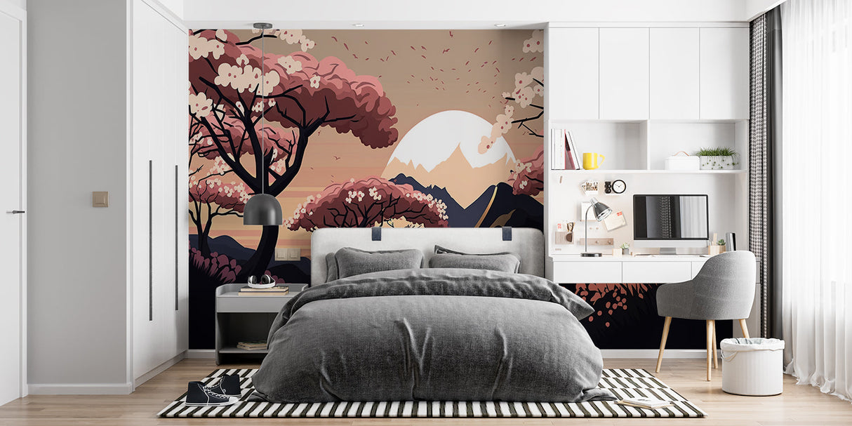 Mountain scene wallpaper transforming home office with serene landscape