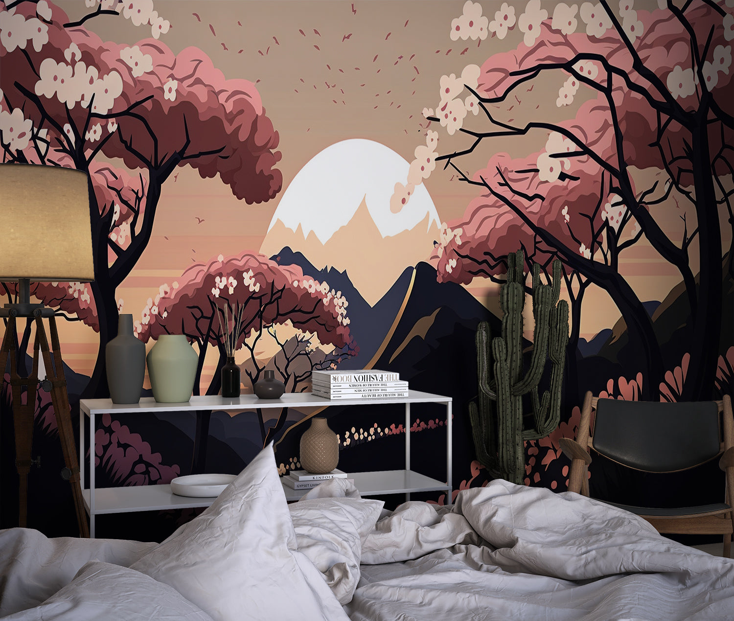 Japanese cherry blossom mural in meditation room with soft lighting