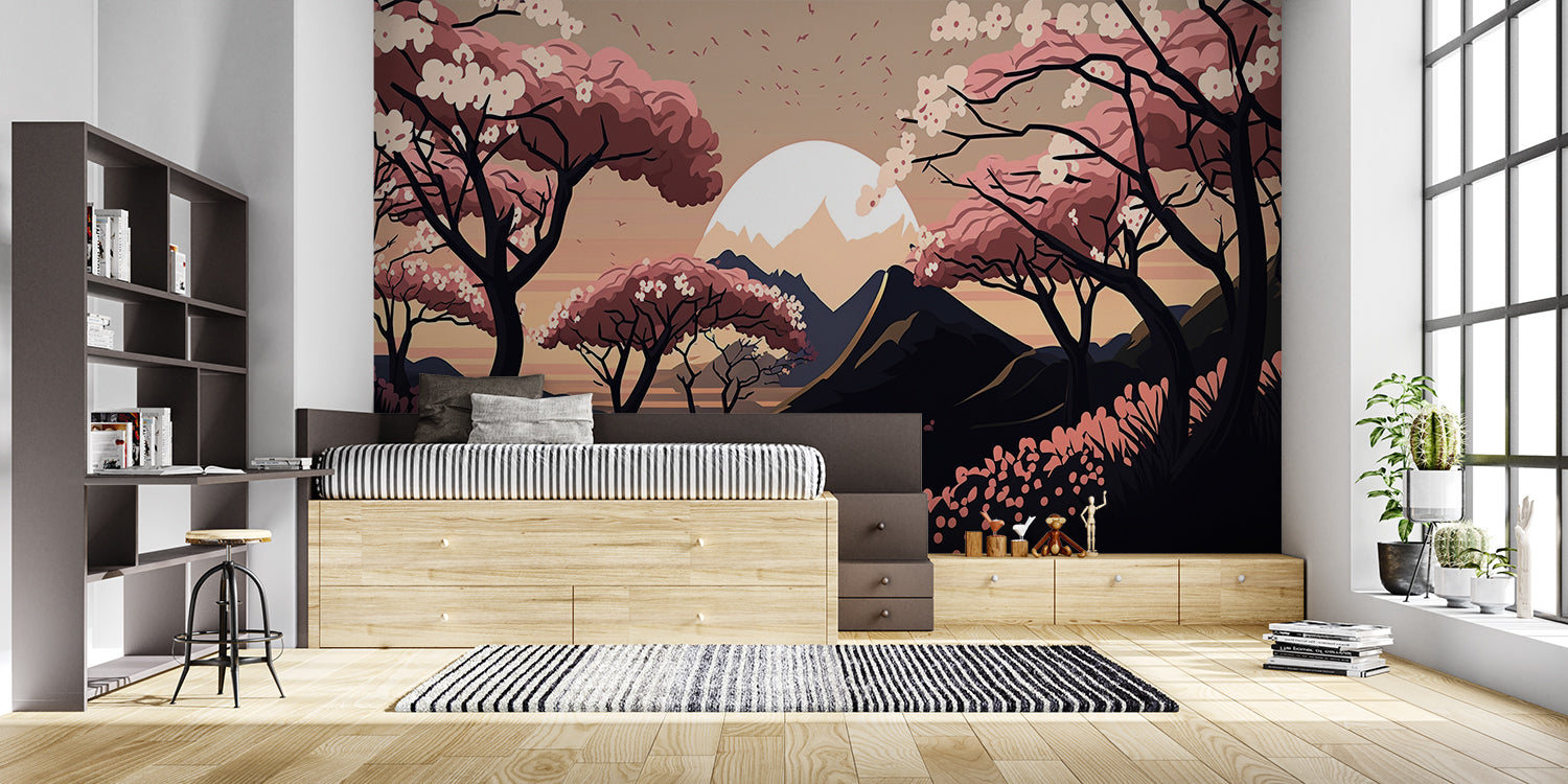 Sakura wallpaper creating depth in hallway with mountain vista