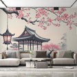 Japanese Cherry Blossom Wallpaper with pagoda and lantern creating a peaceful mood in a modern living room setting