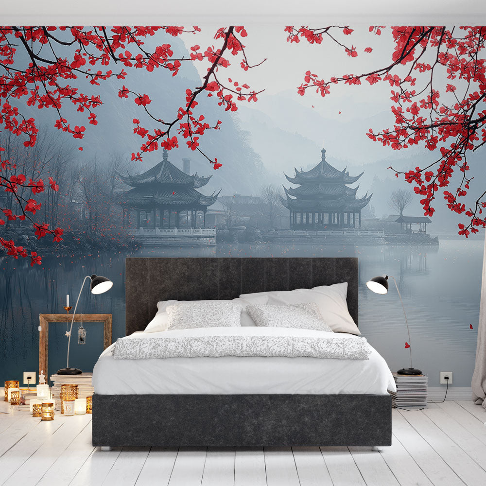 Japanese Cherry Blossom Mural Wallpaper showcasing pink sakura and pagoda reflection in modern living room setting