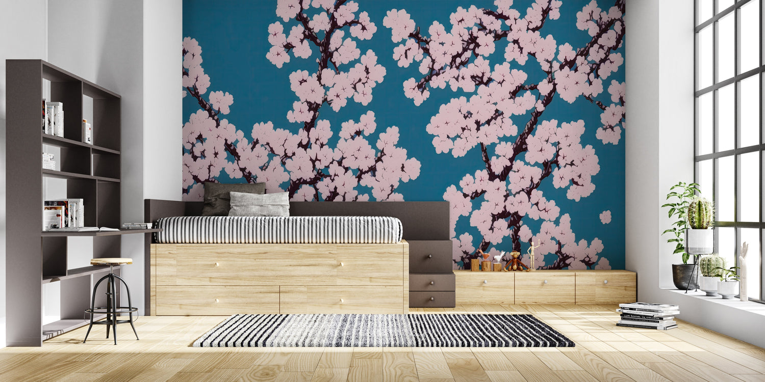 Japanese sakura wall mural in master bedroom creating peaceful atmosphere