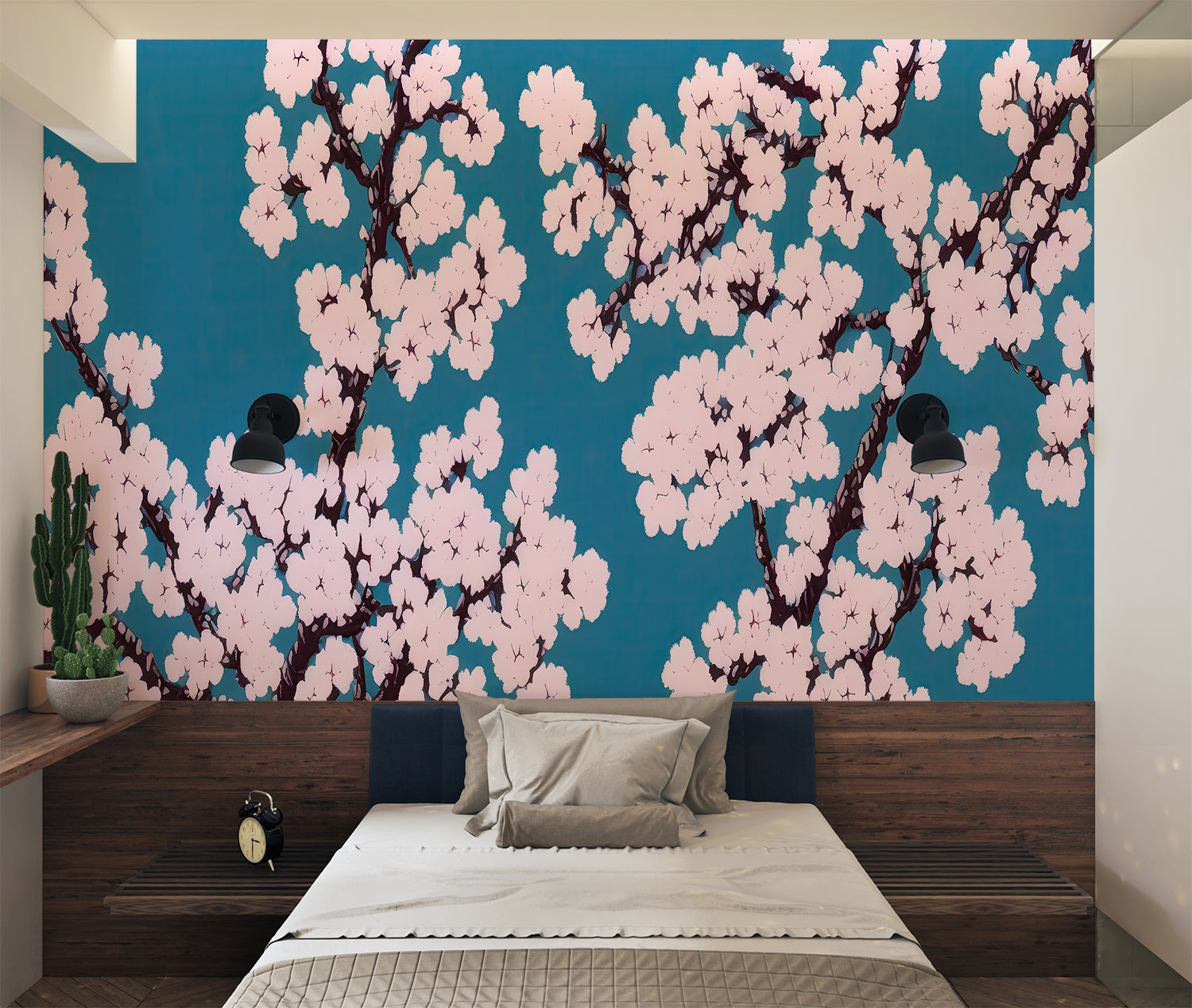 Cherry blossom mural in dining room with pendant lighting highlighting petals