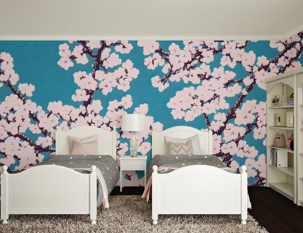 Sakura wallpaper in home office space with minimalist furniture