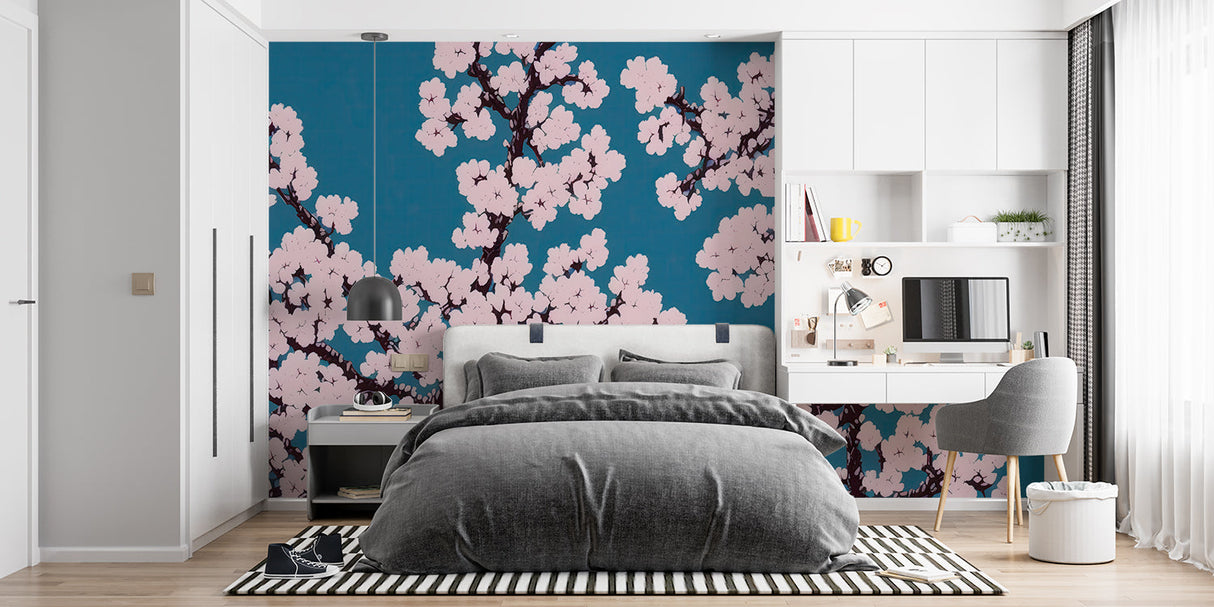 Japanese cherry blossom mural in meditation room with natural decor