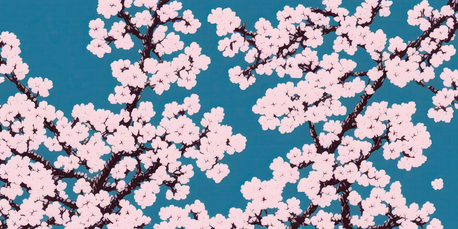 Design file of Japanese sakura blossoms on teal background showing intricate pattern details