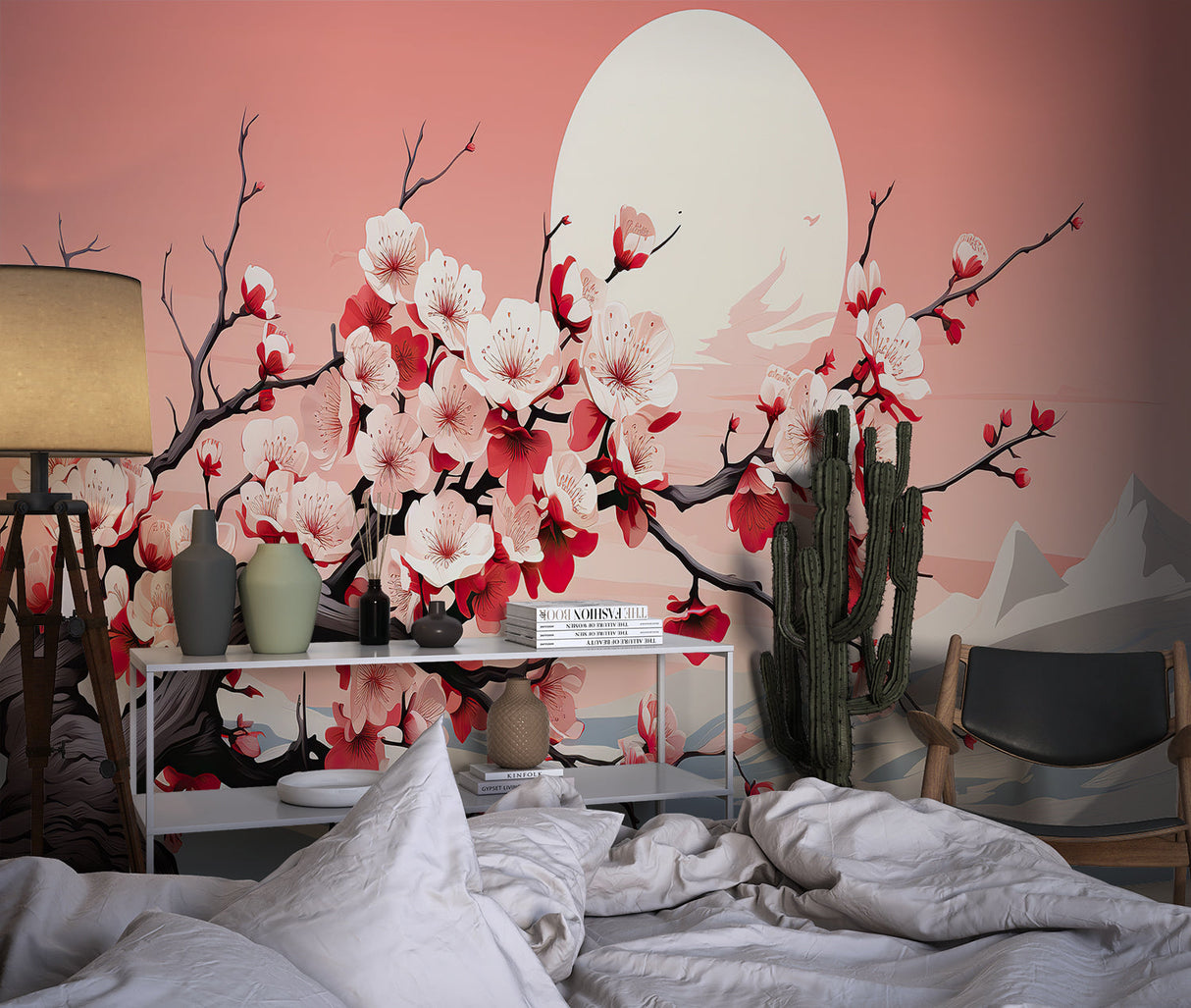 Cherry blossom wallpaper creating a serene atmosphere in a modern living room with minimalist furniture