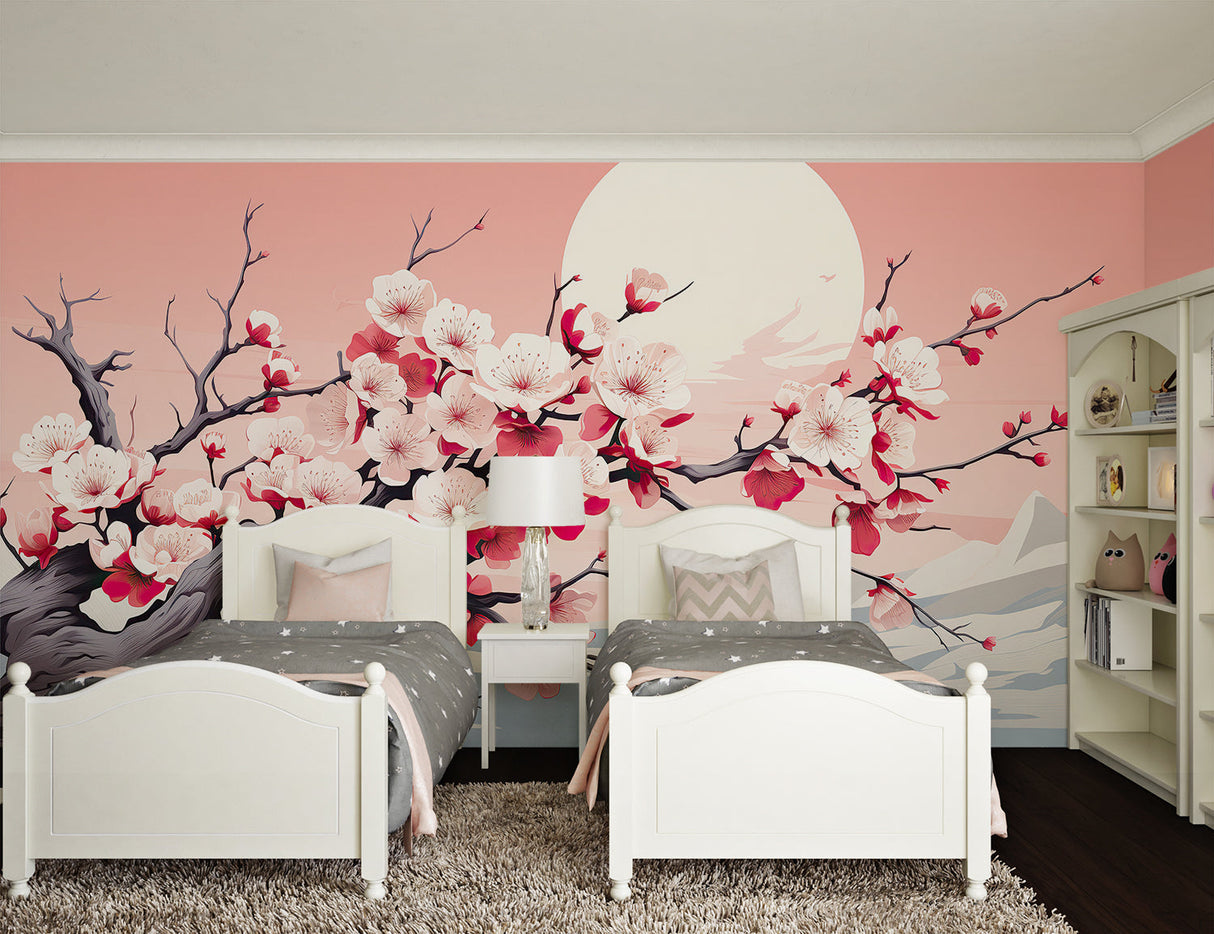 Japanese sakura wall mural adding elegance to a master bedroom with soft lighting