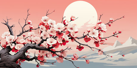 Design file showing detailed cherry blossom pattern with desert moon and mountain silhouettes