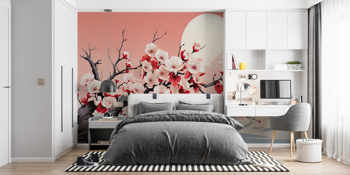 Sakura wallpaper adding zen charm to a meditation room with soft lighting