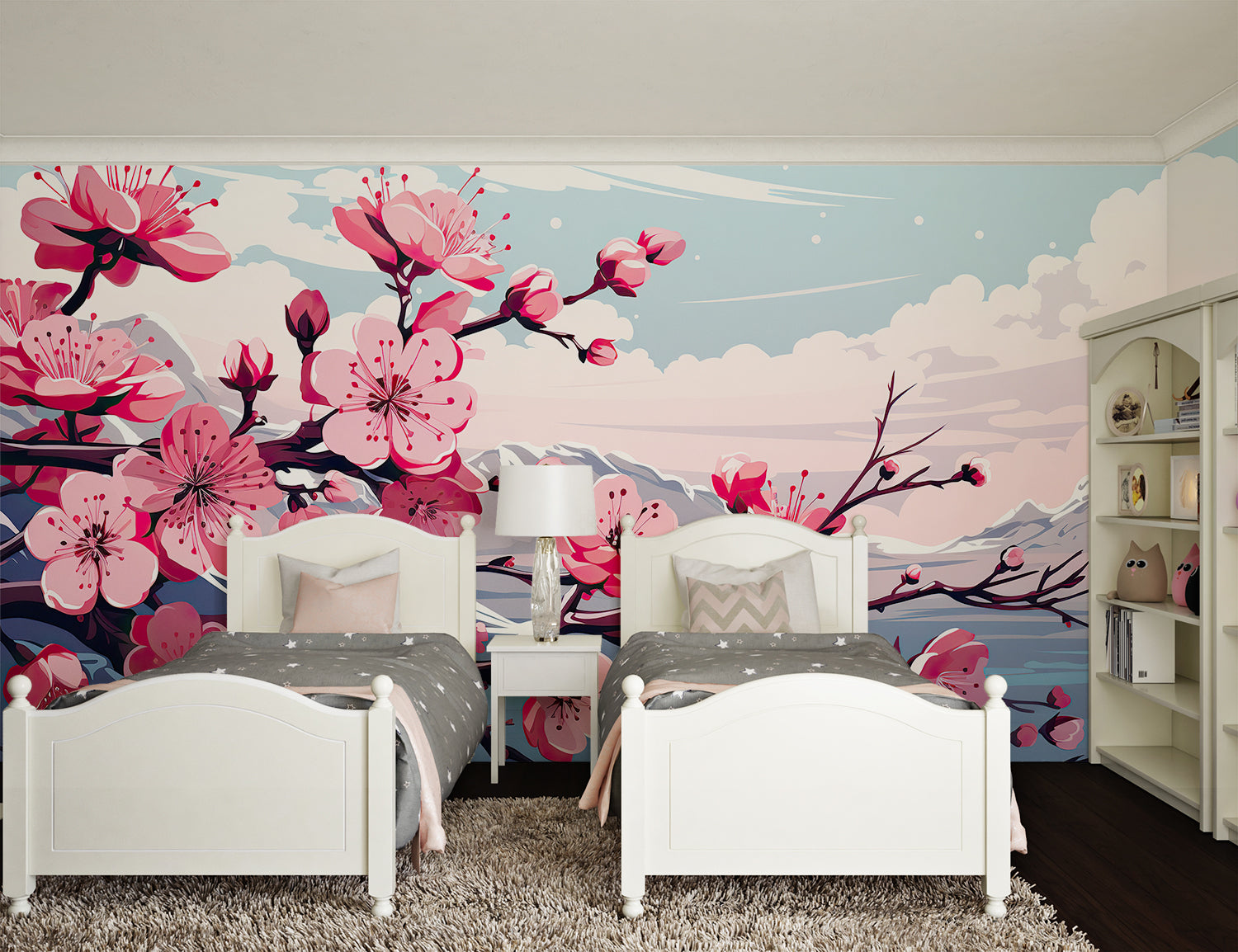 Japanese sakura wallpaper bringing spring charm to a cozy bedroom setting