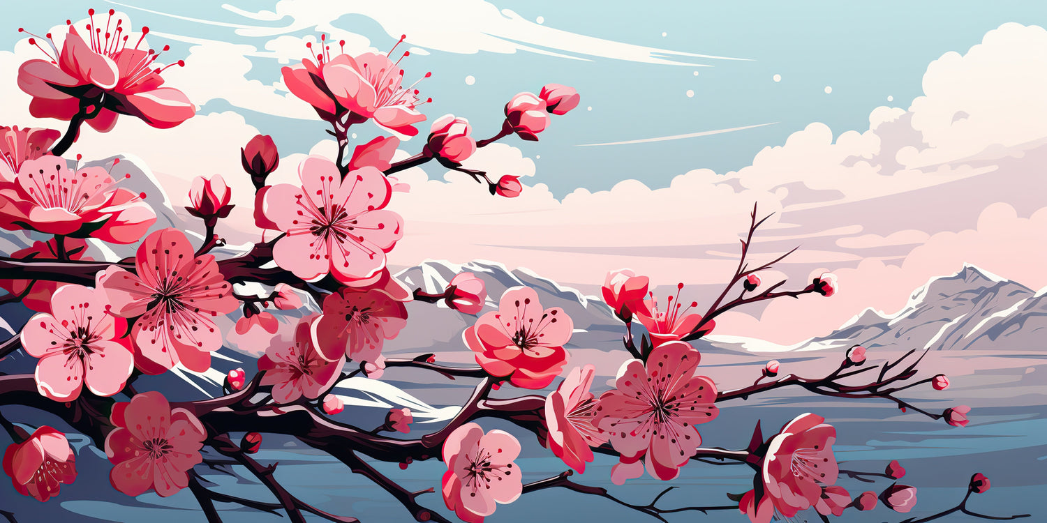 Design file showing detailed Japanese sakura blooms and mountain landscape pattern