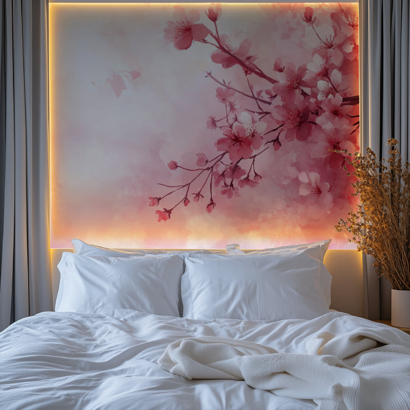 Japanese cherry blossom mural adding elegance to a minimalist dining room