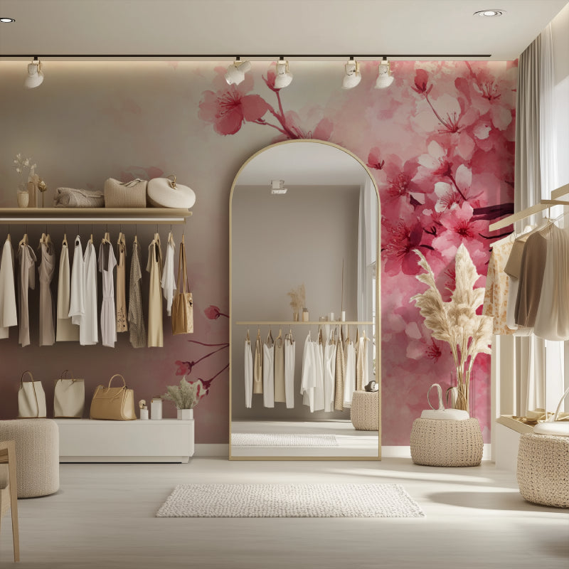Watercolor cherry blossom mural transforming a home office space
