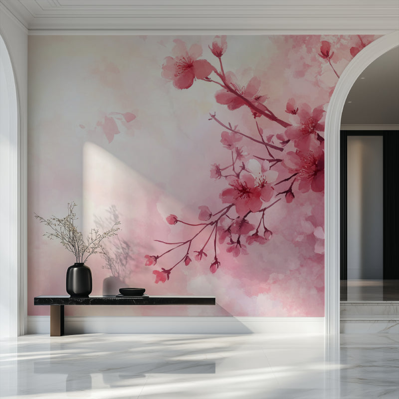 Cherry blossom wall mural creating zen atmosphere in meditation room