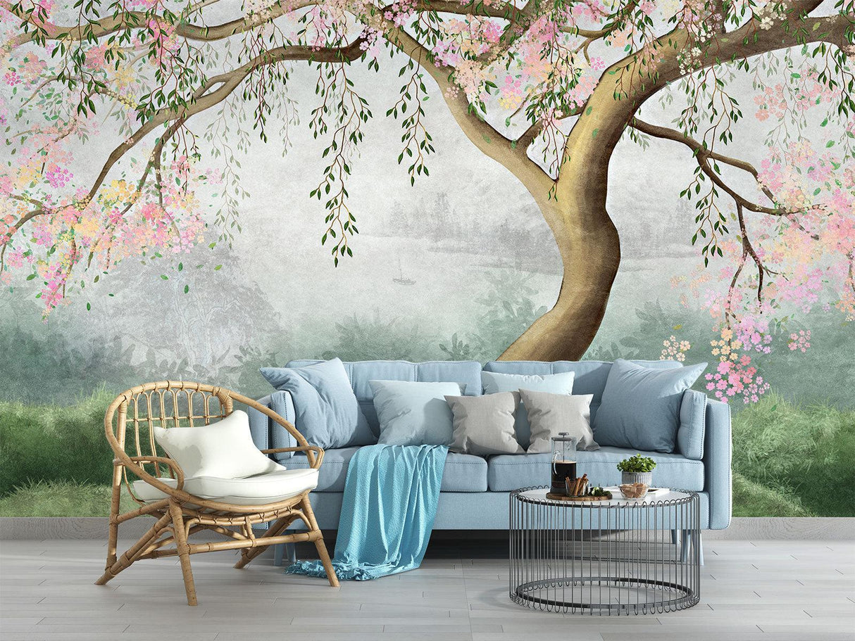 Cherry blossom wall mural creating a peaceful atmosphere in a modern living room with grey sofa