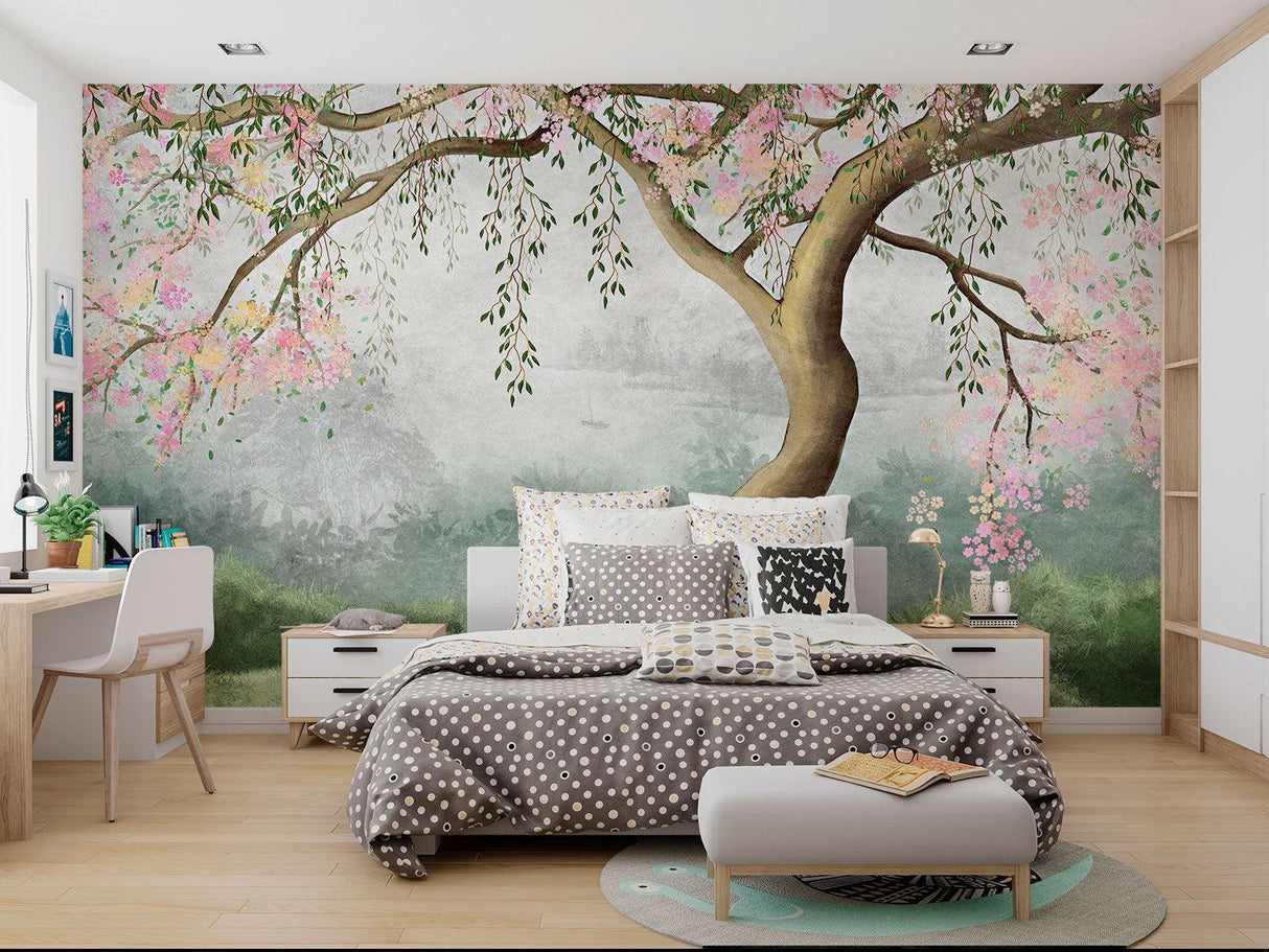 Japanese garden wallpaper bringing nature into a minimalist bedroom setting