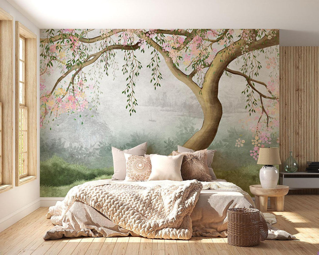 Pink cherry blossom mural adding spring charm to a dining room