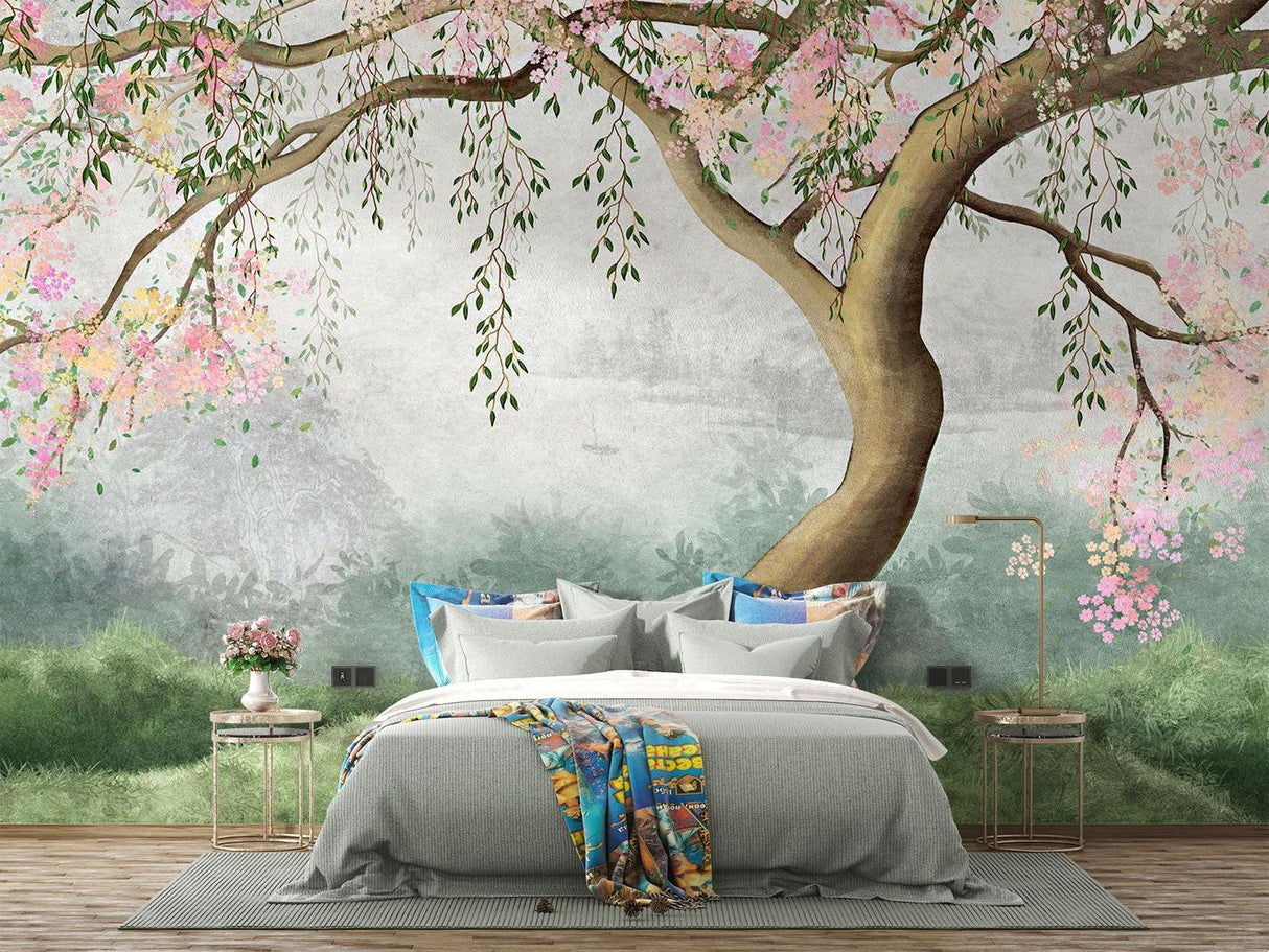 Floral wall mural transforming a home office with soft pink blooms