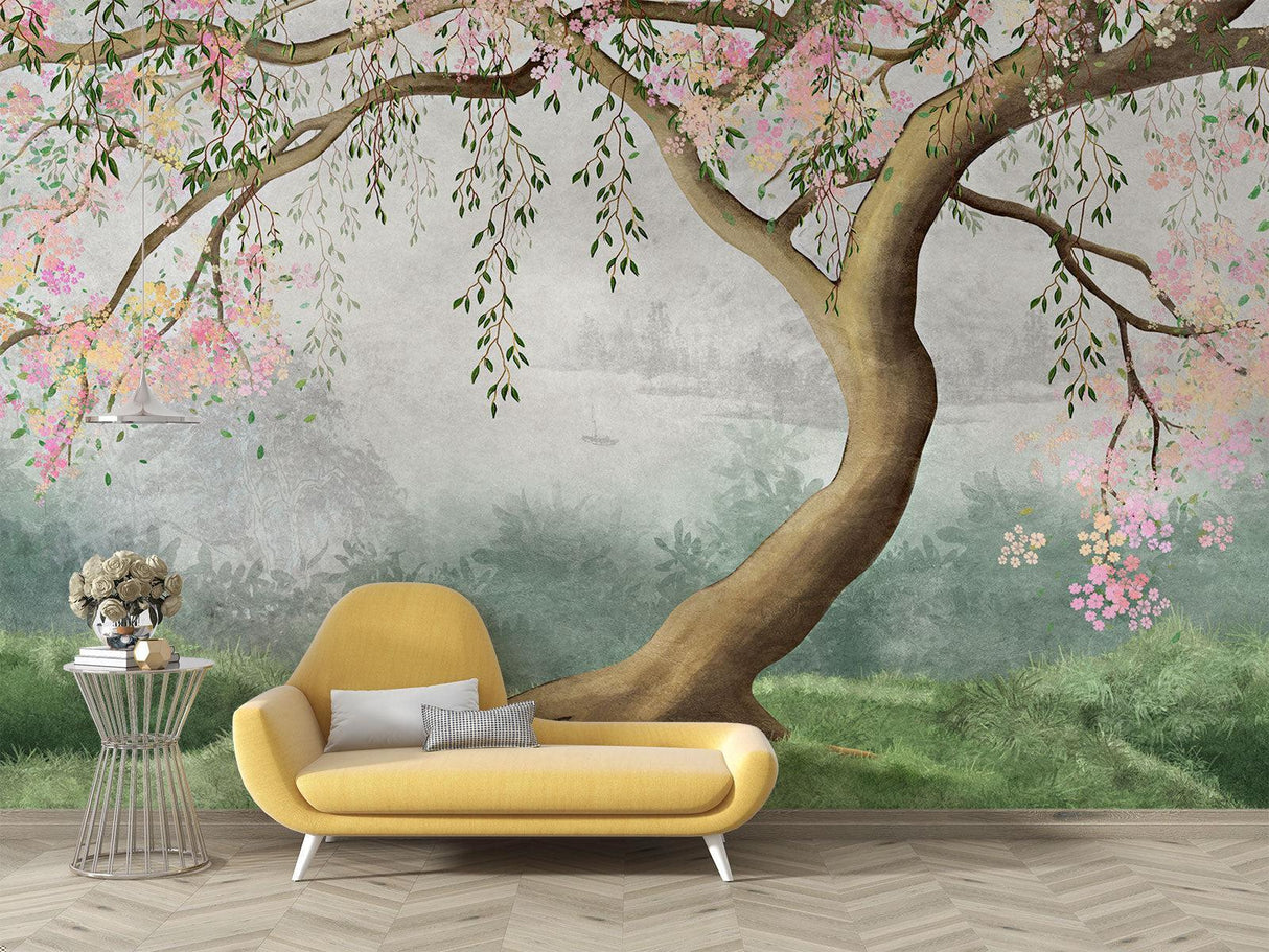Cherry blossom wallpaper creating zen atmosphere in meditation room